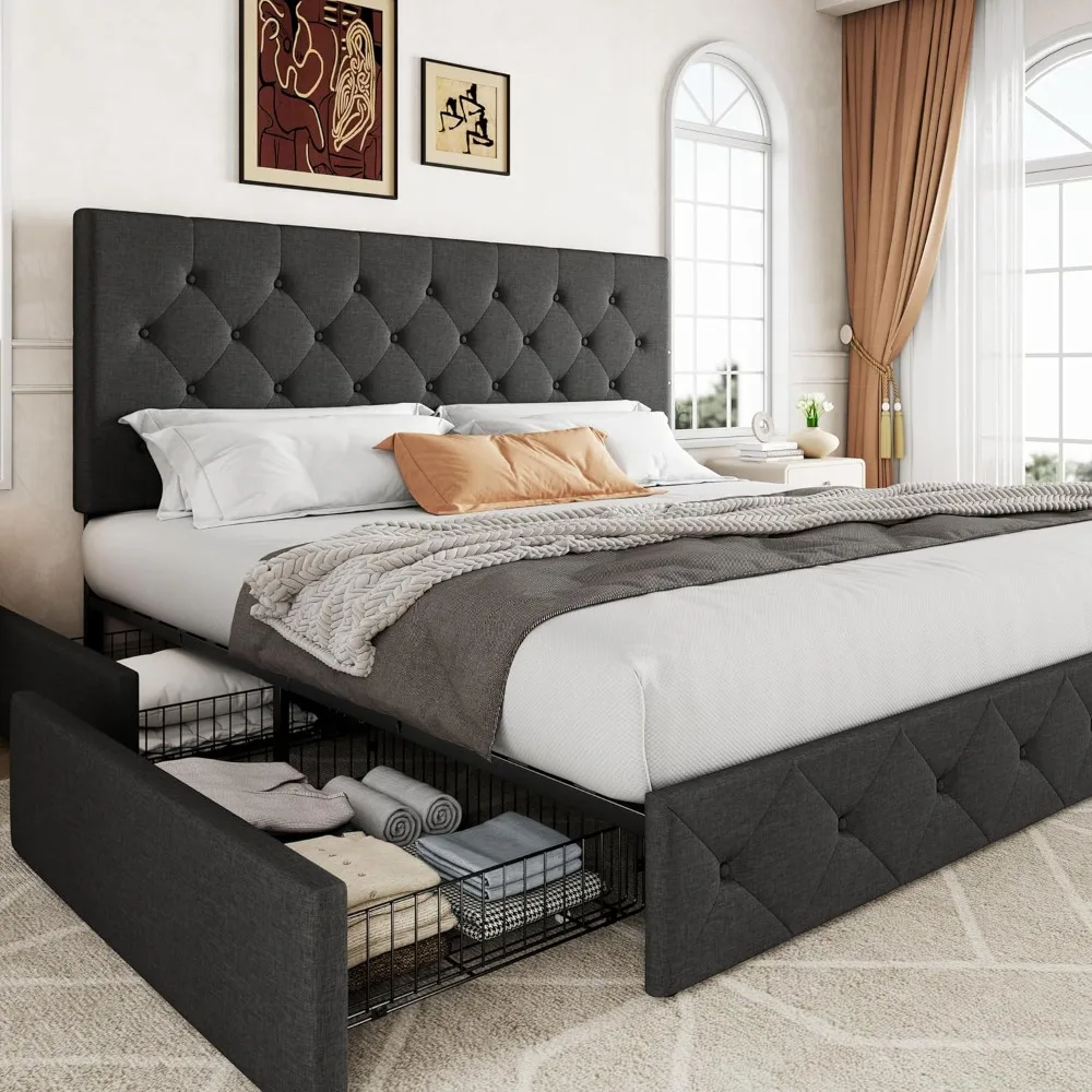 Allewie Upholstered King Size Platform Bed Frame with 4 Storage Drawers and Headboard, Diamond Stitched Button Tufted, Mattress