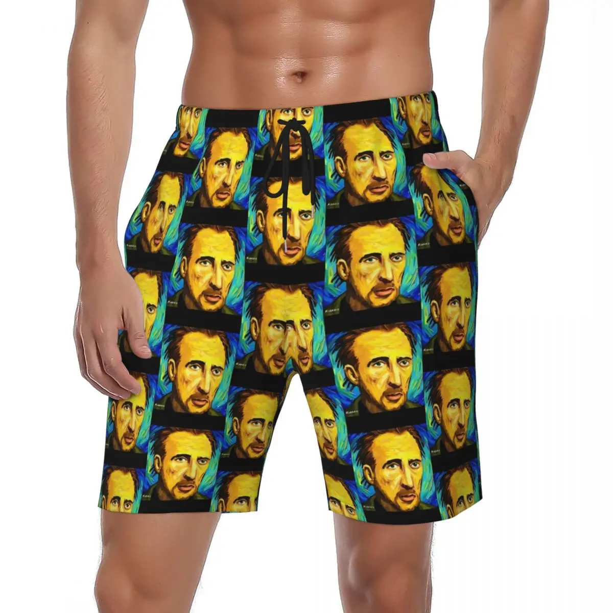 Male Board Shorts Nicolas Cage Portait Casual Swim Trunks Van Gogh Style Quick Dry Sports Fitness Quality Plus Size Beach Shorts