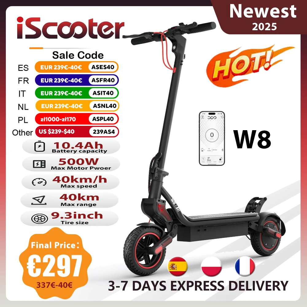 IScooter 9.3 pollici W8 Scooter elettrico 48V 10.4Ah batteria, motore 500W 30-40km gamma massima 40