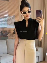 Women Blouses V-neck Korean Style Elegant Chic White Sleeveless Shirts Black Crop Tops Office Style Old Money Aesthetic