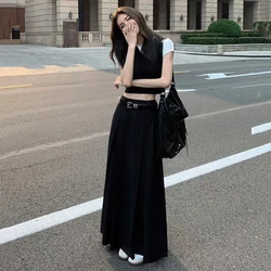 High Waist Black Pleated Skirt Autumn Korean Elegant Loose Preppy Suit Midi Skirt Y2K Ladies Solid All-Match A Line Skirts New