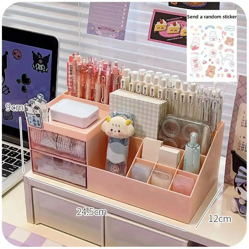 Large capacity Pen Holder Storage Box Organizer Student Drawer-type Desktop Girl Stationery Nine Grids Desk Storage Box Kawaii