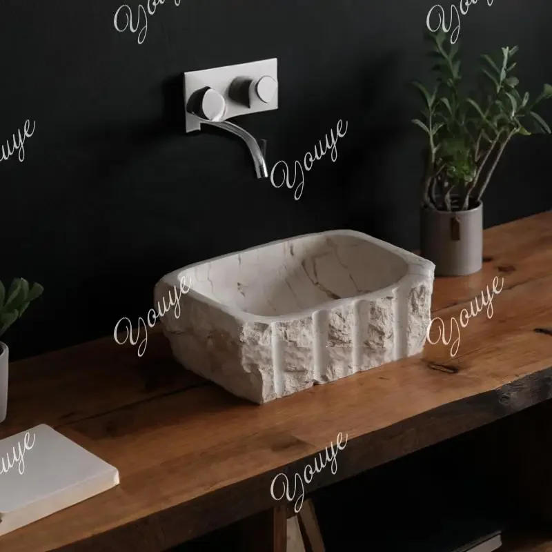 

Handmade Raw Huangdong Marble Sink - Undermount Thin Edge Single Basin, Custom Kitchen/Vanity Sink, Super Narrow Rim, Not Artifi