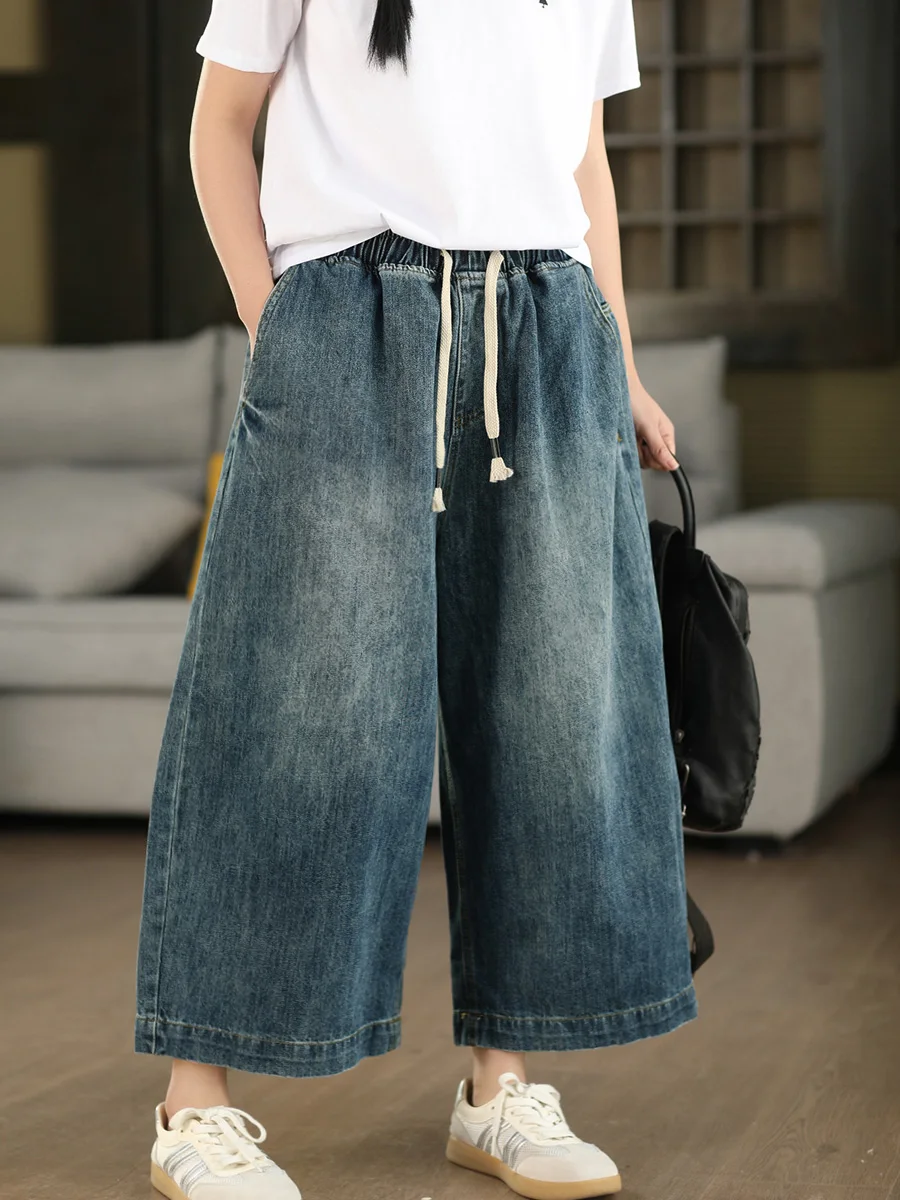 

Retro Waed Wide Leg Jeans with Belt Elastic Waist Slimming Casual Skirt Pants Nine Point Pants Ladies Spring Season