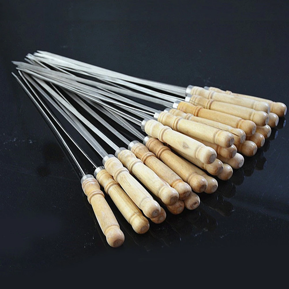

25pcs BBQ Stainless Steel Wooden H Reusable Grilling Stick barbecue tool Stainless Steel Skewer kitchen utensil