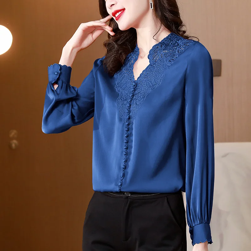 #2524 Red Blue Satin Womens Tops And Blouses V-neck Embroidery Hollow Out Basic Blouse Buttons Long Sleeve Woman Shirts Spring