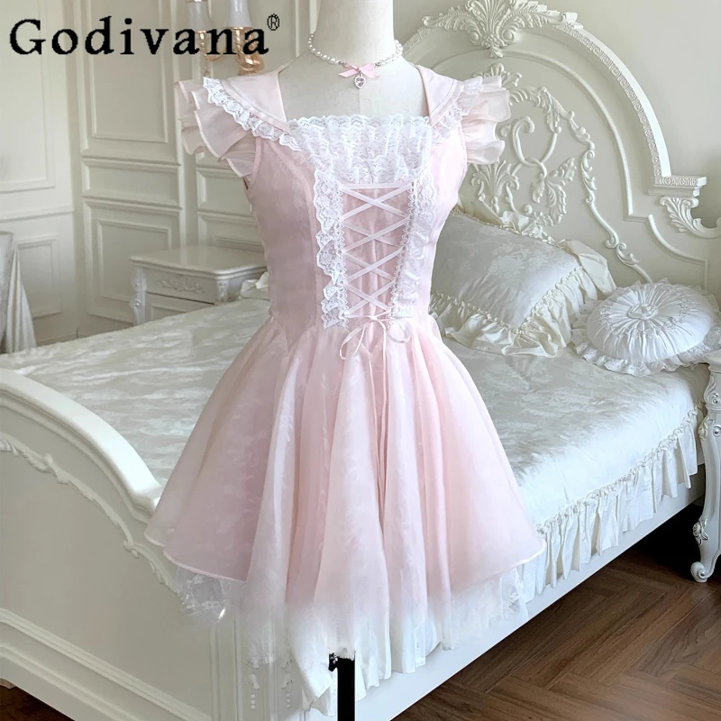 Vestido de princesa estilo balé japonês, vestido feminino de verão com laço e manga esvoaçante, rosa, cintura alta, lolita, doce