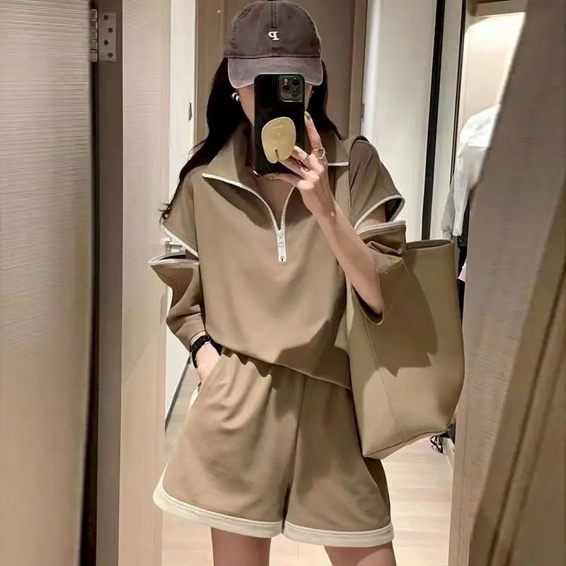 Fashion Casual Sports Sets Women Half Zip Stand Collar Off Shoulder T Shirt and Wide Leg Shorts Design Sense 2 Piece Set Summer