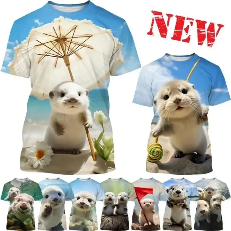 Fashion Creative Funny Cute Animal Otter Printed T-shirt Men and Women Casual Round Neck Short-sleeved Top