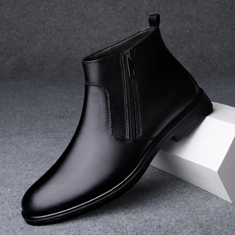 

Genuine Leather Men Side Zipper Ankle Boots High Quality Man Winter Plush Snow Boots Fashion Slip on Casual Men's High Top Shoes