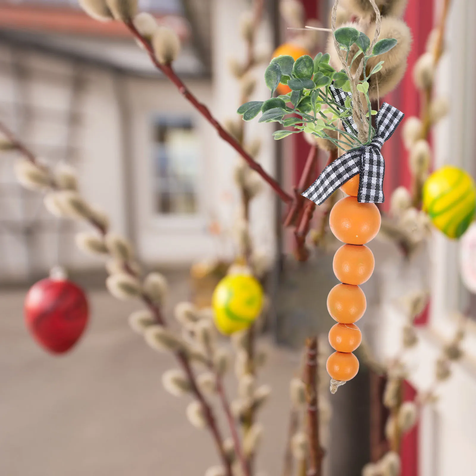 

8Pcs Easter Carrot Wood Bead Pendant Tiered Tray Farmhouse Decor Wall Hanging Adornment Wooden Bead Carrots Easter Decor