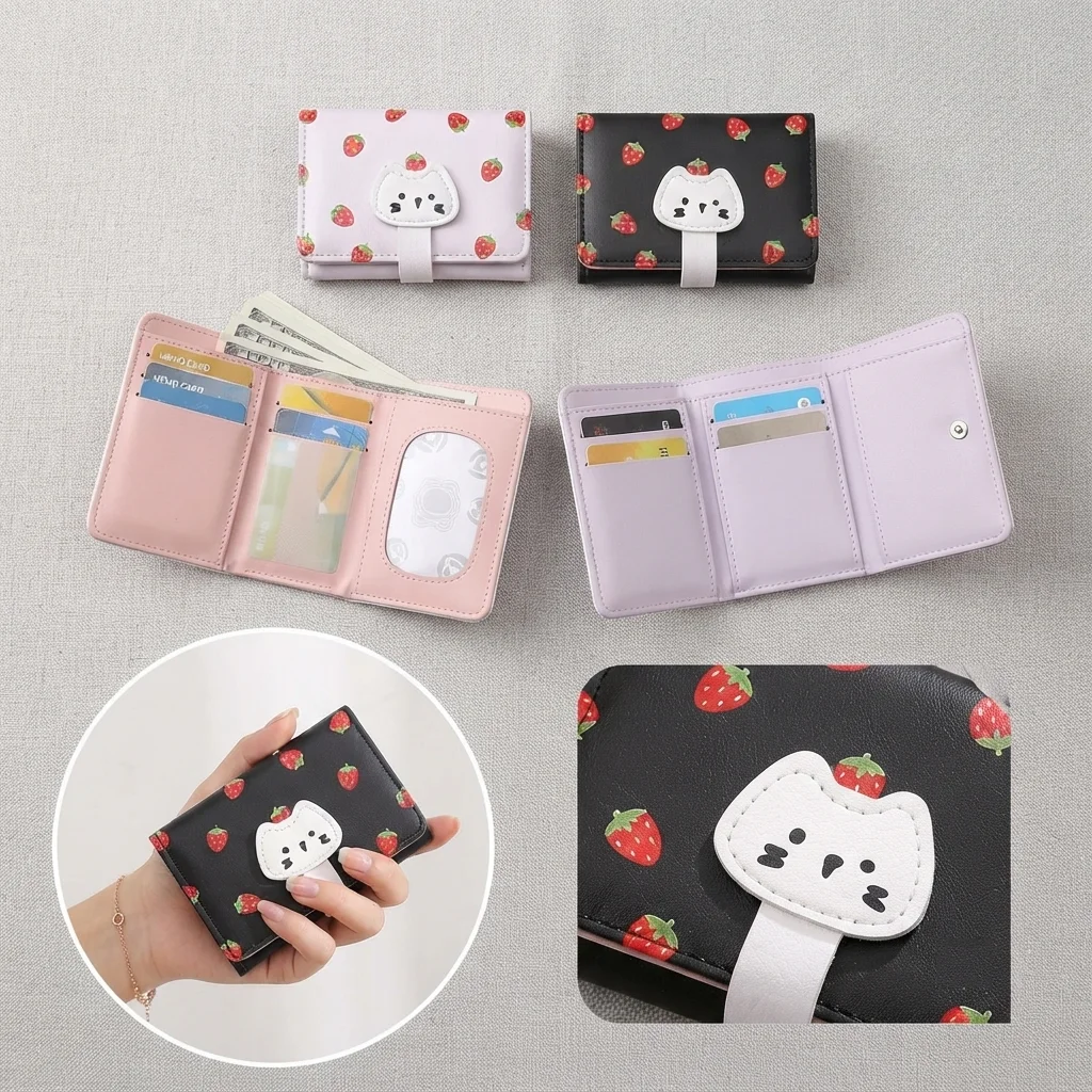 Women's Short Tri-fold Wallet Cute Strawberry Cat PU Leather Purse Large Capacity Card Case Portable Coin Organizer Handbag