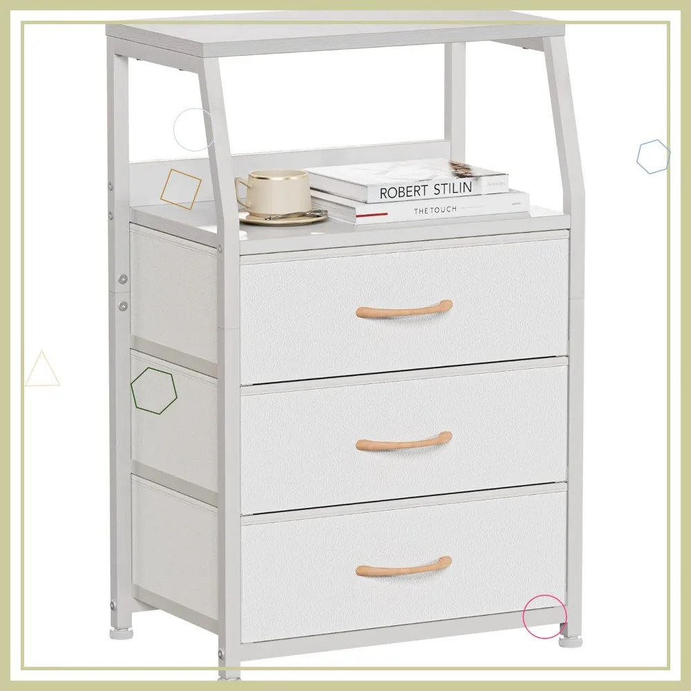 

Белая прикроватная тумбочка с 3 ящиками и 2-уровневой полкой, маленький приставной столик для спальни или прихожей, прочная стальная рама и деревянная столешница