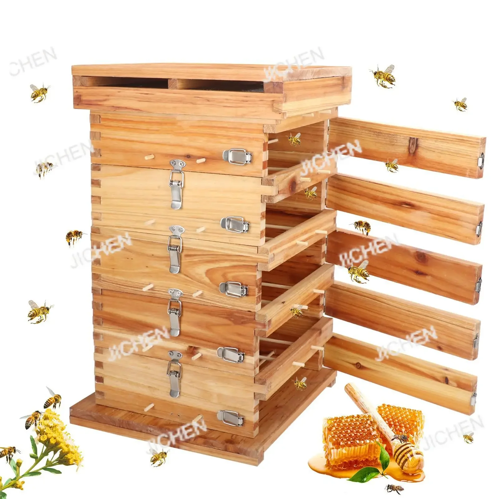 

HS Chinese fir boiled wax beehive middle bee lattice box tools three layers five layers open window lattice box thick soil beehi