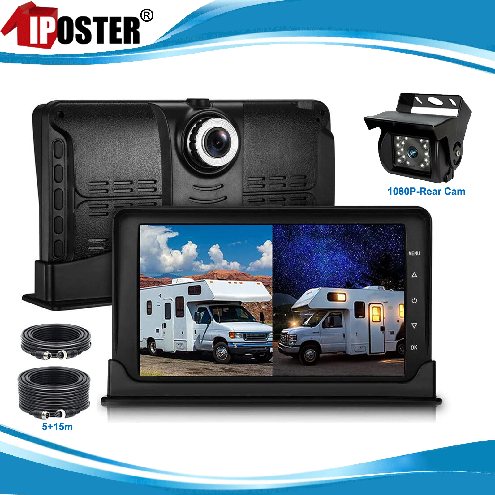 

iPoster Front Dash Cam 7 Inch Dual Screen DVR Backup Camera 1080P AHD 4PIN Rear View Reversing Camera Park For Truck Rv Trailer