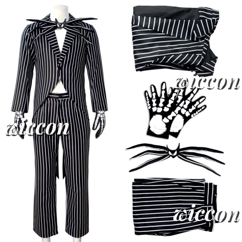 Jack Cosplay Costume Movie Skelington Cosplay For Women Men Striped Top Pant Outfit Halloween Party Uniform