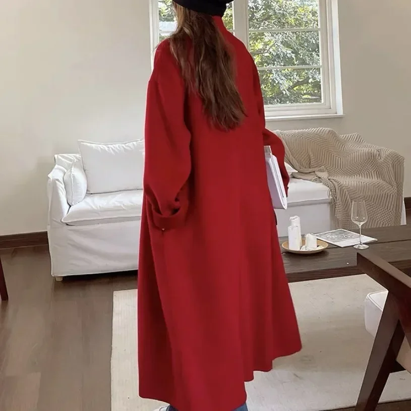 

High-end cashmere red coat women's 2024 spring new stand-up collar double-breasted long double-sided woolen coat