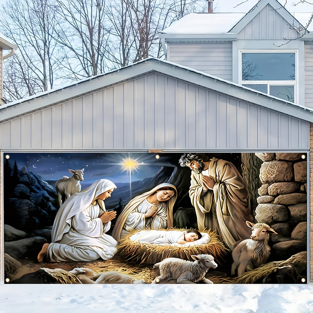 مشهد ميلاد كبير ولافتة جراج صلاة مريم العذراء - ألياف بوليستر متينة، مناسبة لتزيين عيد الميلاد #2