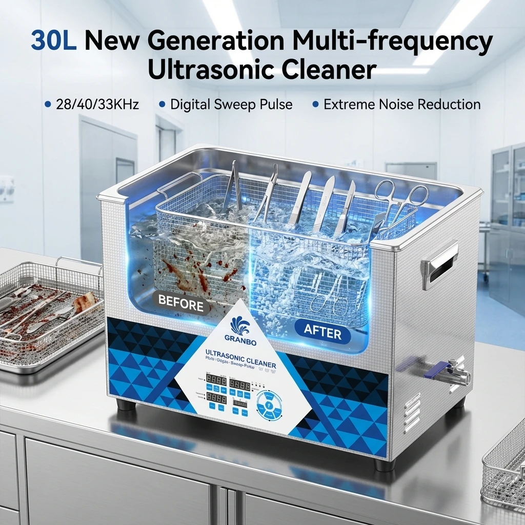 

Granbo 30L Ultrasonic Cleaner Multi Frequency Silent Sweep Pulse Degas Digital Cleaning Machine for Industrial Laboratory Use
