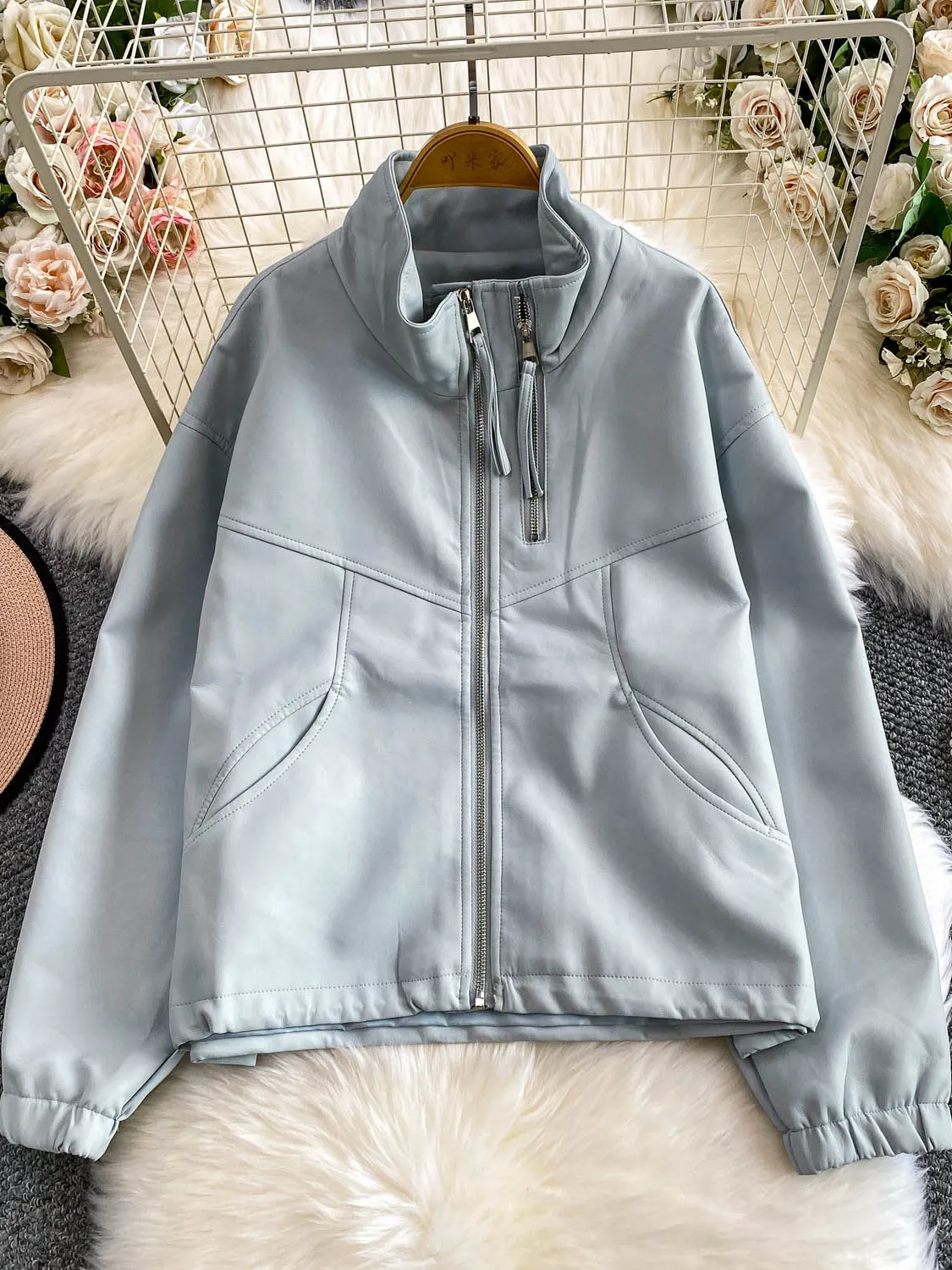 

Ele Blue PU Leather Jaet Women's Zipper Collar Biker Sle Outerwear Autumn Winter Warm Faionable Straight Fit Coat