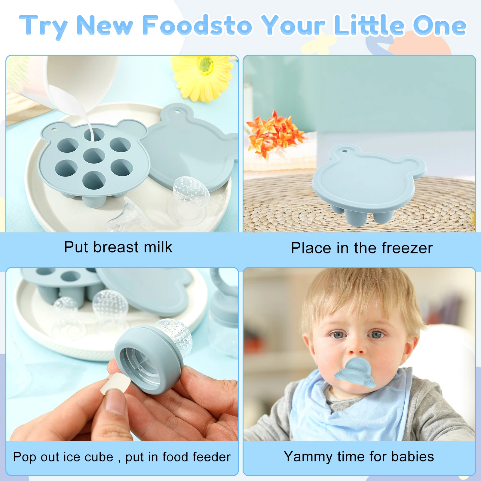 Baby Food Feeder and Ice Tray Set BPA Free Silicone Breastmilk Popsicle Freezer Molds Safe Reusable Baby Food Containers