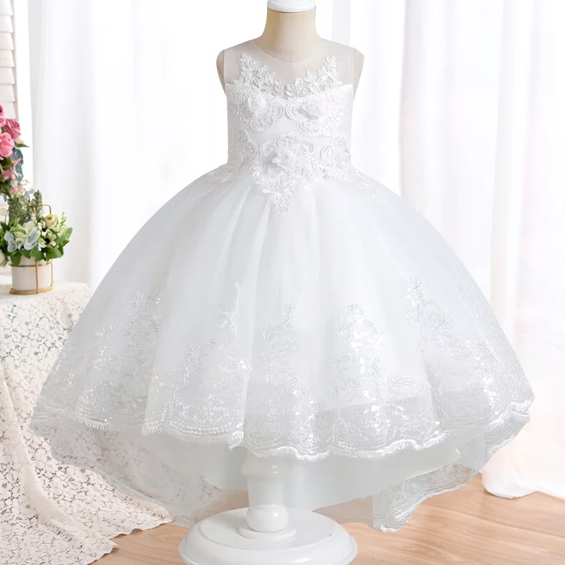 Girls' Sequin Trail Princess Dress 4-12 Years Old Children's Embroidered Mesh Dress Banquet Host Wedding Dress Formal Dress