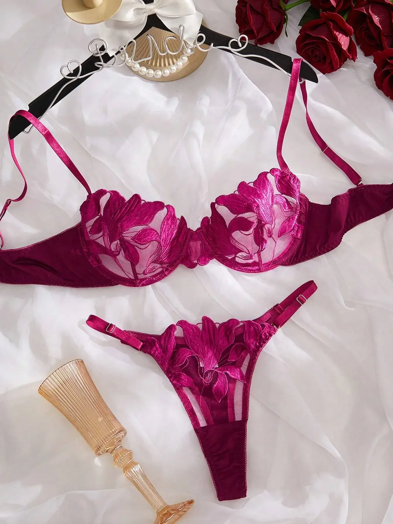 

Divavoom Women Sexy Embroidered Flower Underwear Set, 2 Pieces Underwire Bra & Panty Lingerie Set