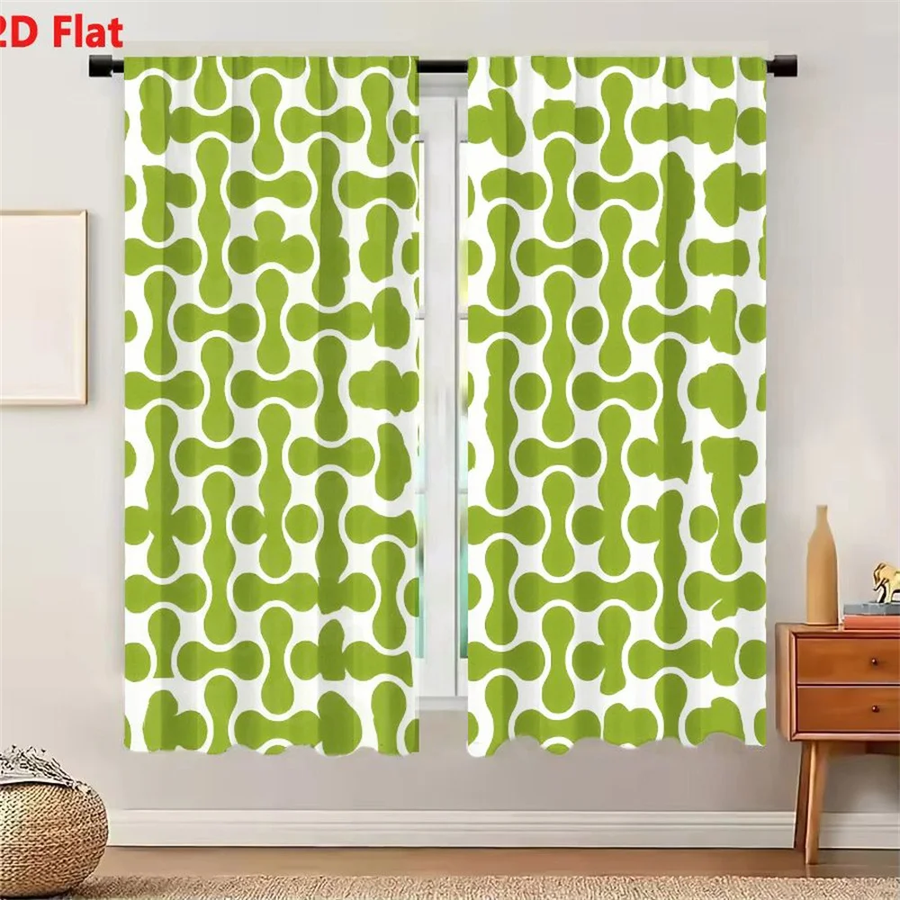 2Pcs Curtains 2D Flat Abstract Green Organic Interconnected Shapes Pattern On White Background Whimsical Seamless Design Window