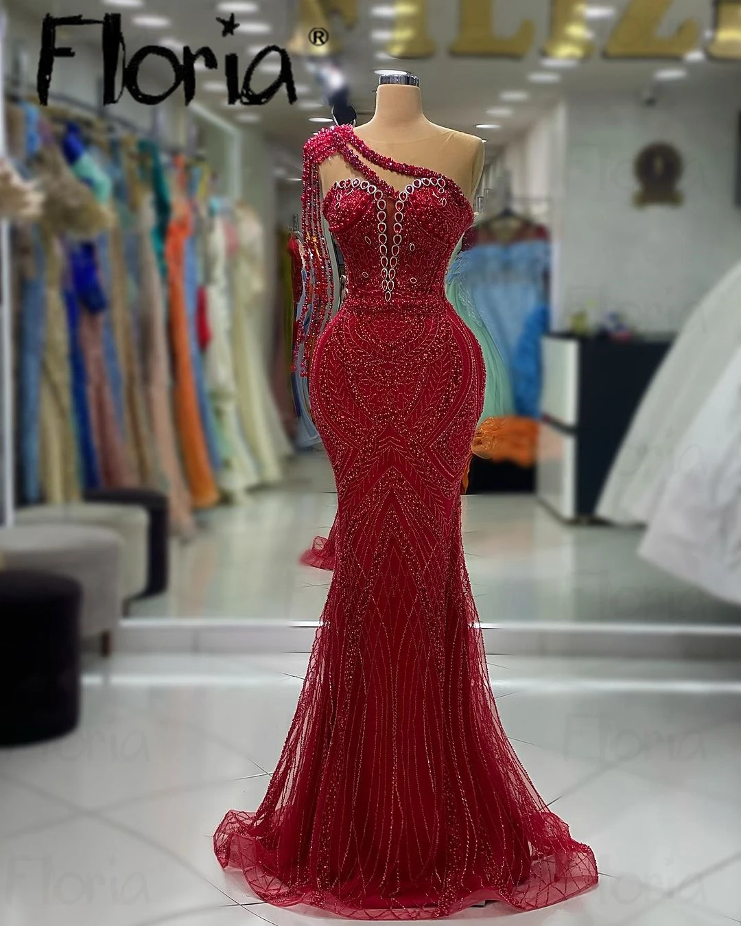 Shinny Burgundy Mermaid Tassels Evening Dresses Dubai One Shoulder Elegant 2024 Long Prom Dress For Women Wedding Arabic Bride