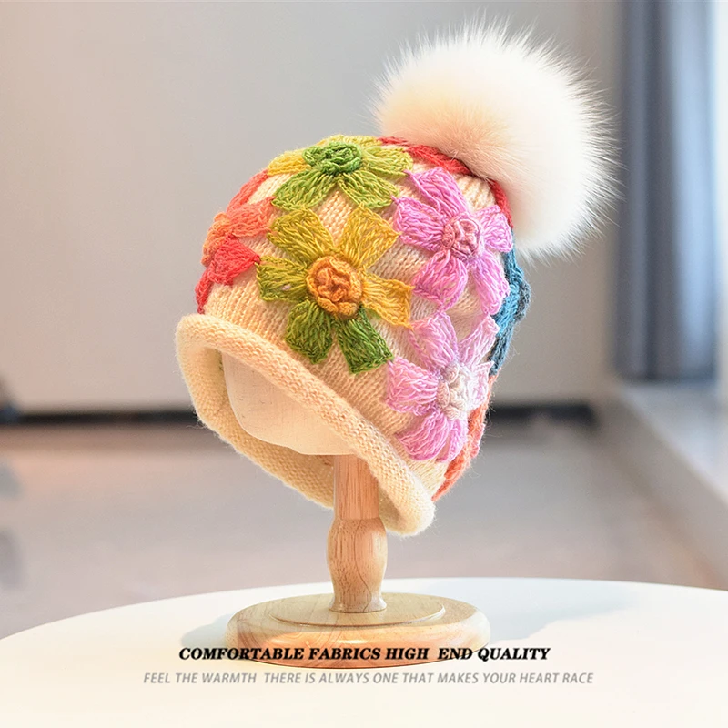 

Hat Women Winter Beanie Pompom Real Fur Wool Knit Flowers Warm Accessory For Girls Autumn Cold Weather Skiing Outdoor Holiday