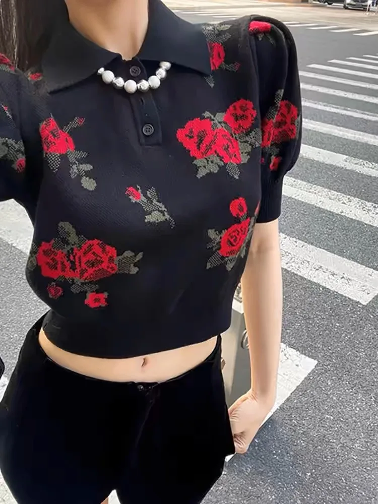 Black Rose Jacquard Sweater For Women Knit T-shirt Pullovers Elegant Vintage Ladies Tops Tees 2024 Summer Short Sleeve Knitwear