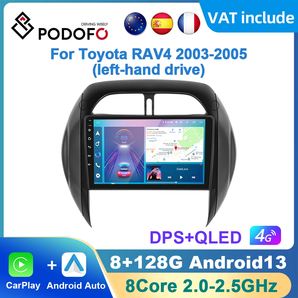 Podofo AI Voice Android Carplay Car Radio For Toyota RAV4 2003-2005 Android Auto 4G Multimedia Player GPS Navigation RDS Radio