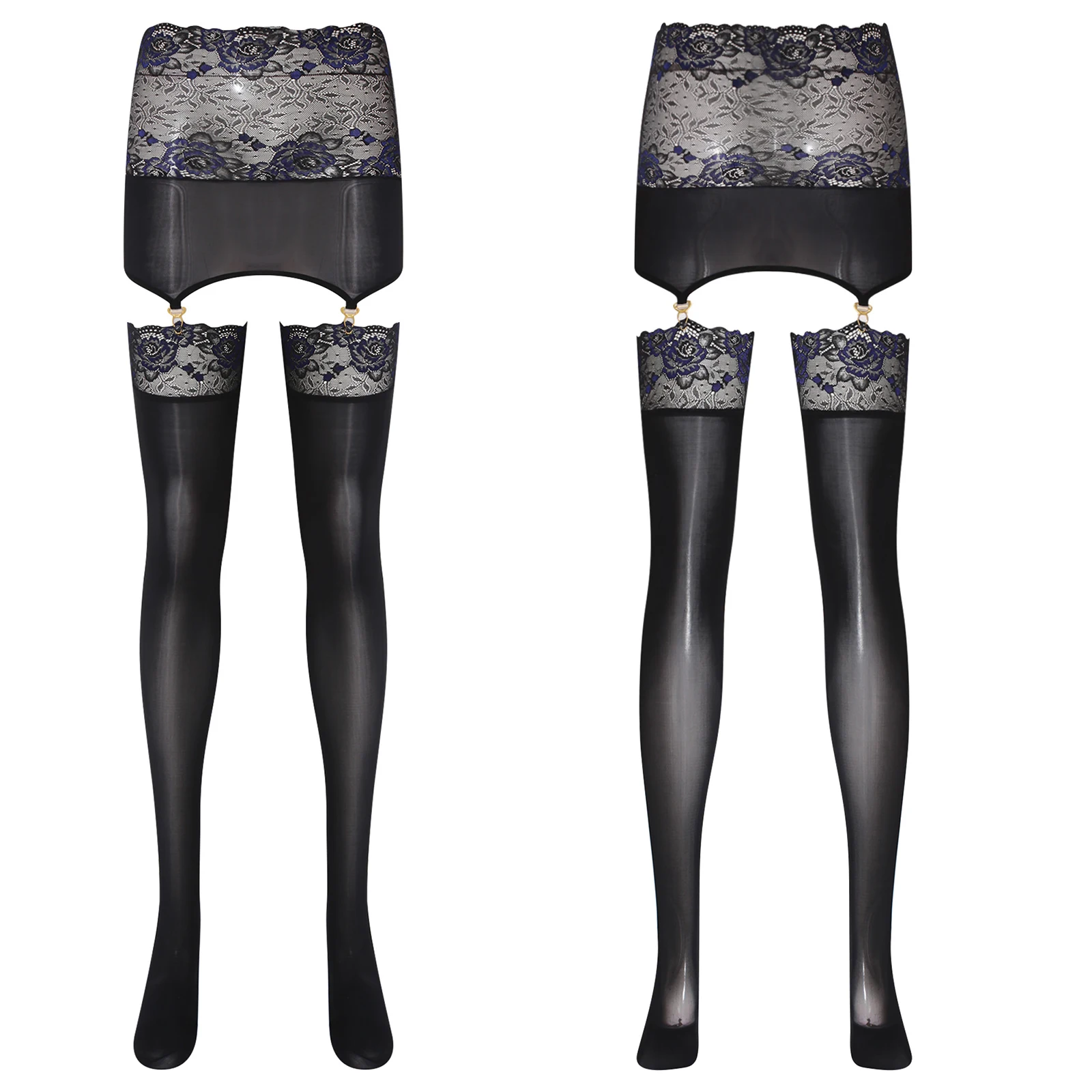 Sexy Womens Glossy Bodycon Leggings Garters Suspender Stockings Floral Lace Trim High Waist Skirt Hollow Out Tights Pantyhose