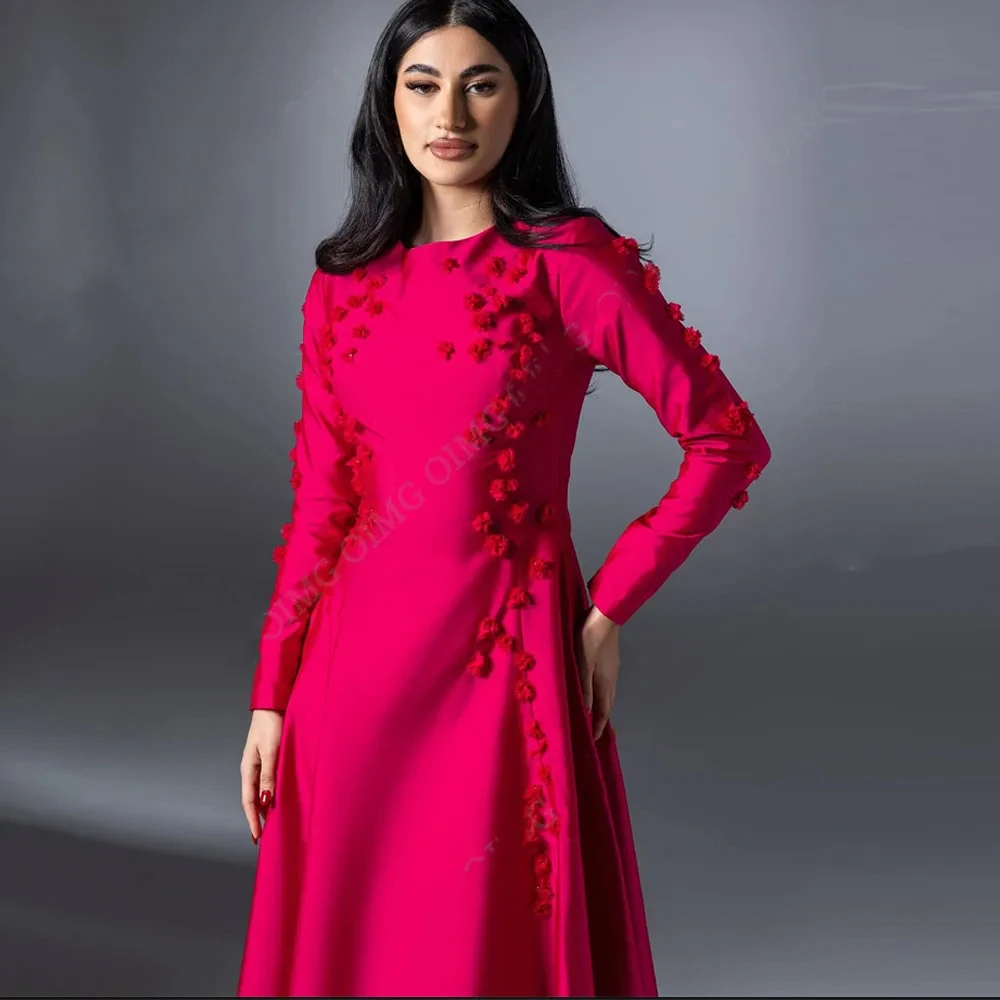 Fuchsia ดอกไม้สายดูไบ A-Line ชุดราตรีแขนยาว Saudi คําพรรคอย่างเป็นทางการชุด Vestidos ชุดที่กําหนดเอง