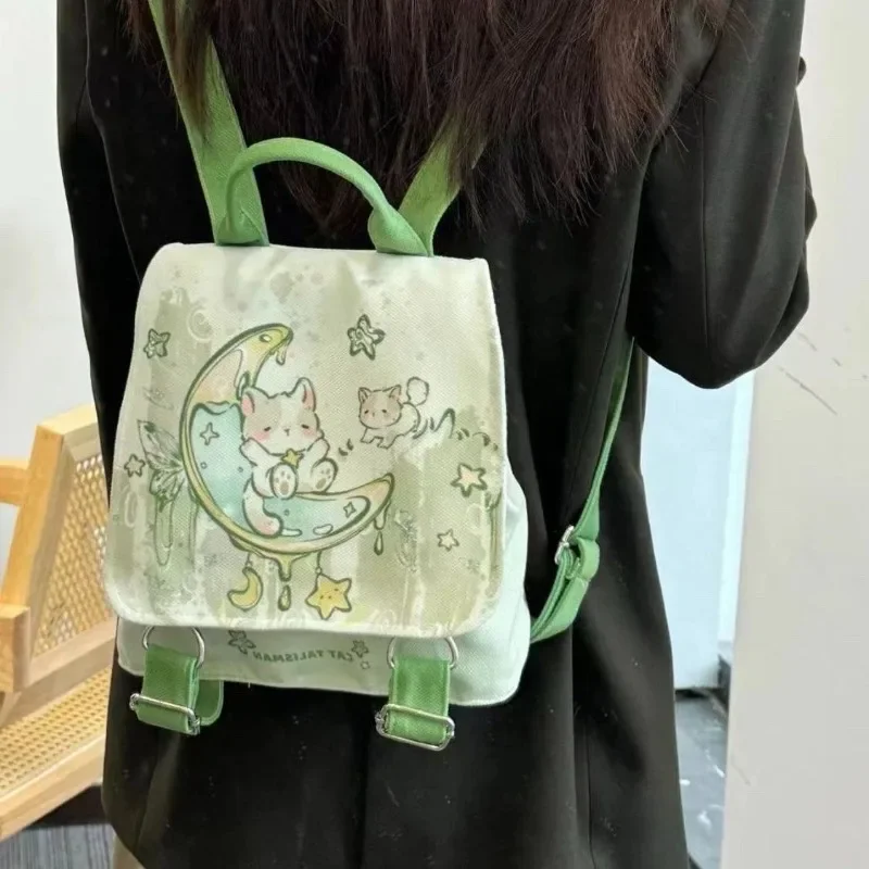 

MBTI Cute Cartoon Womens Backpack Green Fashion Cartoon Print Casual Bags Kawaii Canvas Zips Female Backpack Trend 2024