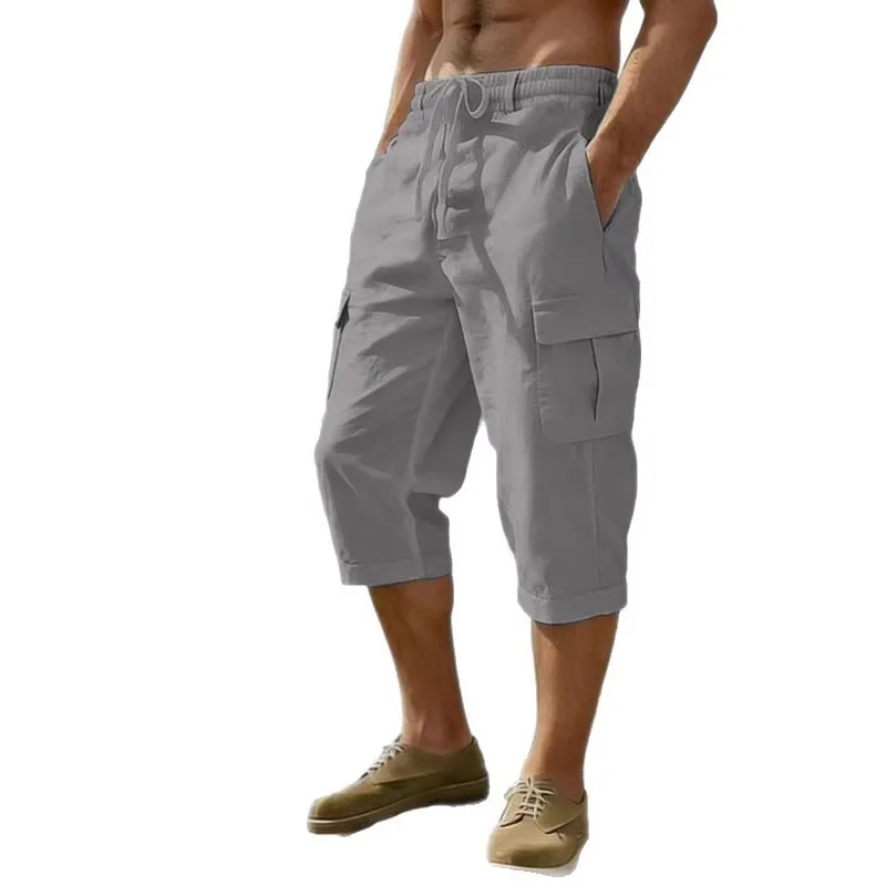 

Мужские льняные хлопковые шорты-карго 3/4 длины с завязками на талии, повседневные летние пляжные брюки с карманами