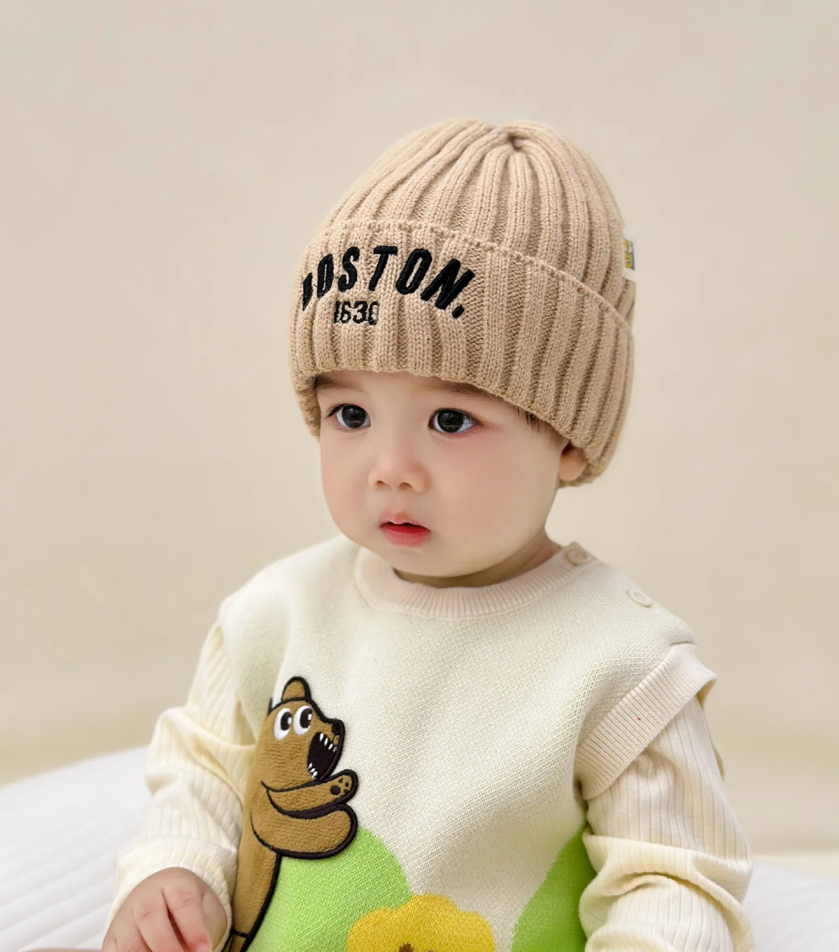 1-6 Years Solid Color Letter Baby Beanie Winter Warm Knitted Hat for Girls Boys Vintage Embroidered BOSTON Toddler Kids Hats