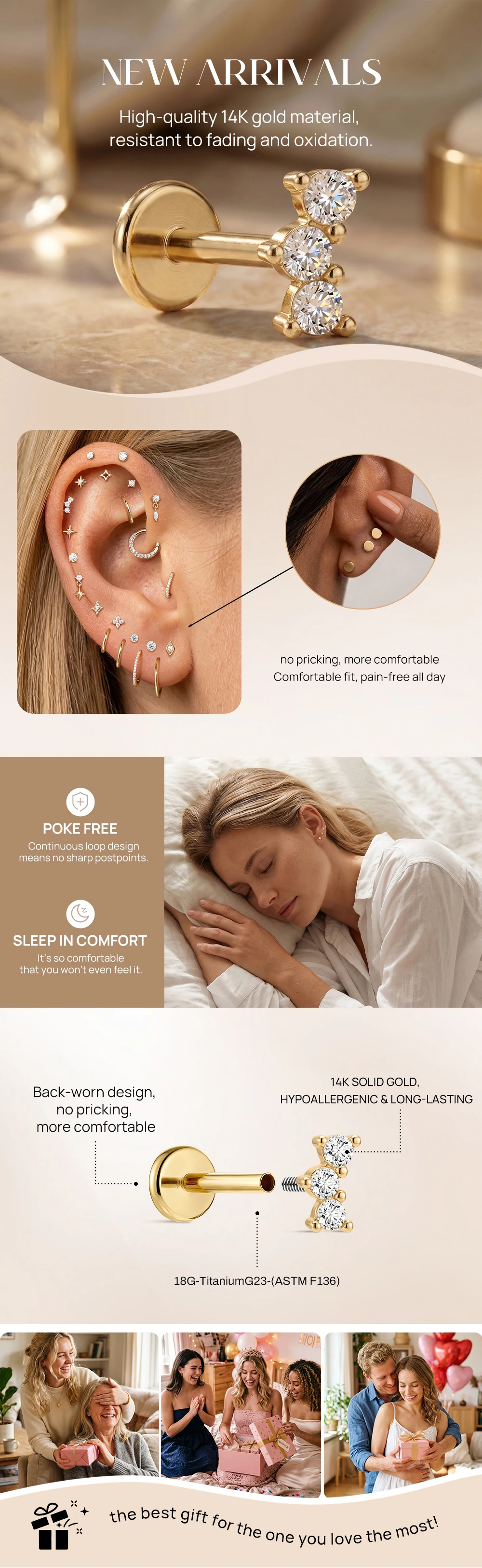 AIDE Mini-Piercing-Ohrringe aus 14-karätigem massivem Gold, glänzend, Herz-/rund-/sternförmig, für Damen, in verschiedenen Größen, klassischer Hochzeits- und Brautschmuck, luxuriöser Schmuck – Detail 13