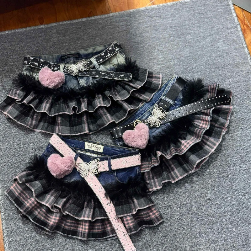 Harajuku Fashion Lolita Denim Skirt Women Vintage Sweet Plaid Plush Patchwork Ruffles Mini Skirts Y2k Aesthetic JK Short Skirts
