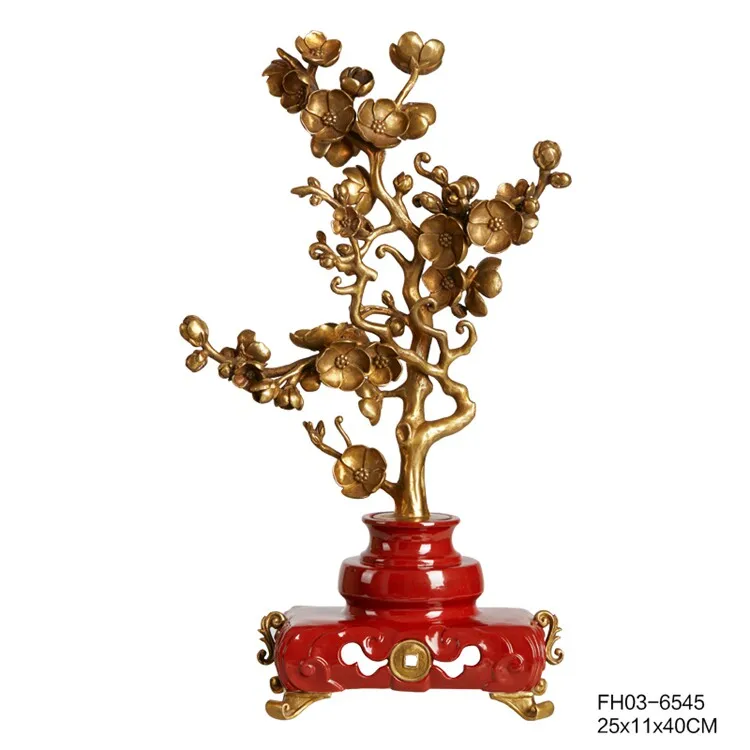 YJQ French Chinese style ornament red ceramic inlaid copper phoenix flying brass cash tree decoration