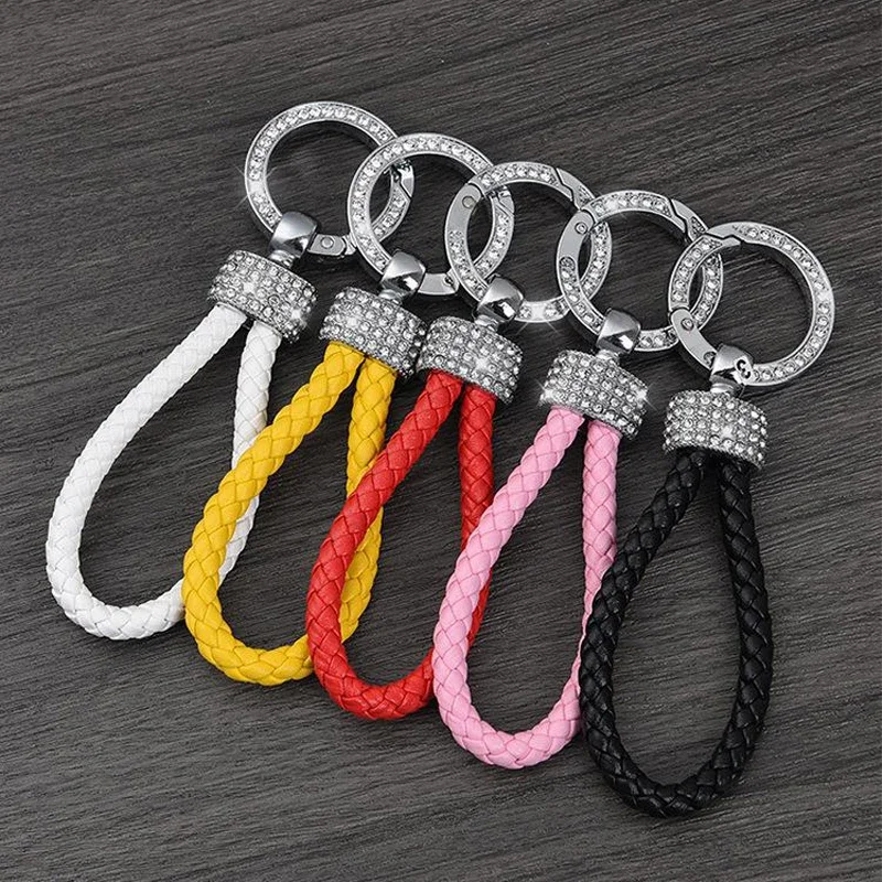 Car Keychain Crystal Anti-lost Leather Keychain Women Men Gold Silver Buckle Car Key Ring Chain Holder Phone Number Tag keyring