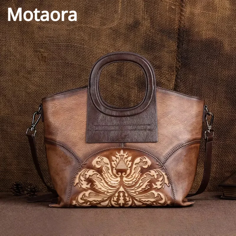 MOTAORA Genuine Leather Luxury Shoulder Bags for Women, Vintage Handmade Designer Cowhide Handbags with Embossed Details