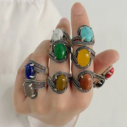 Fashion Natural Stone Agates Lapis Lazuli Rings Silver Color Hollow Flower Shaped Finger Ring For Women Men Wedding Gift Jewelry