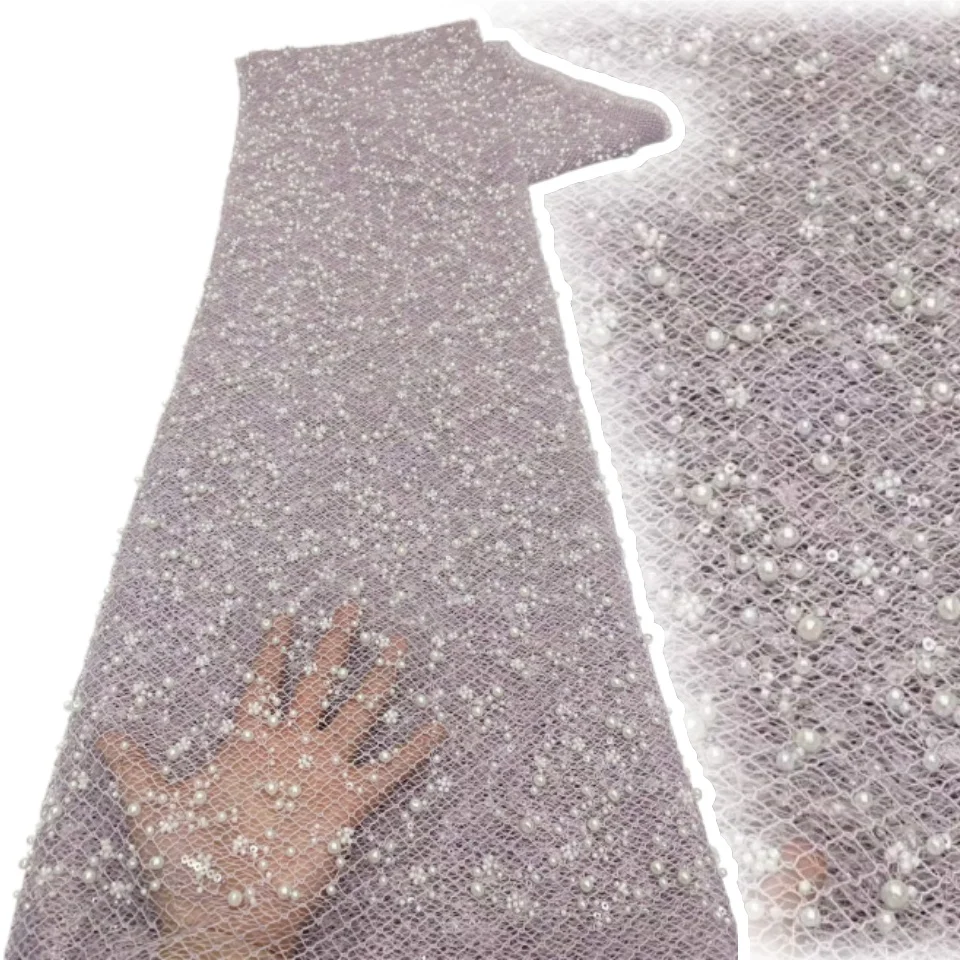

Nigerian Beaded Lace Fabric 2026 Fashion French African Sequins Mesh Lace Fabric For Bridal Party Dress Sewing 5 Yards 2764