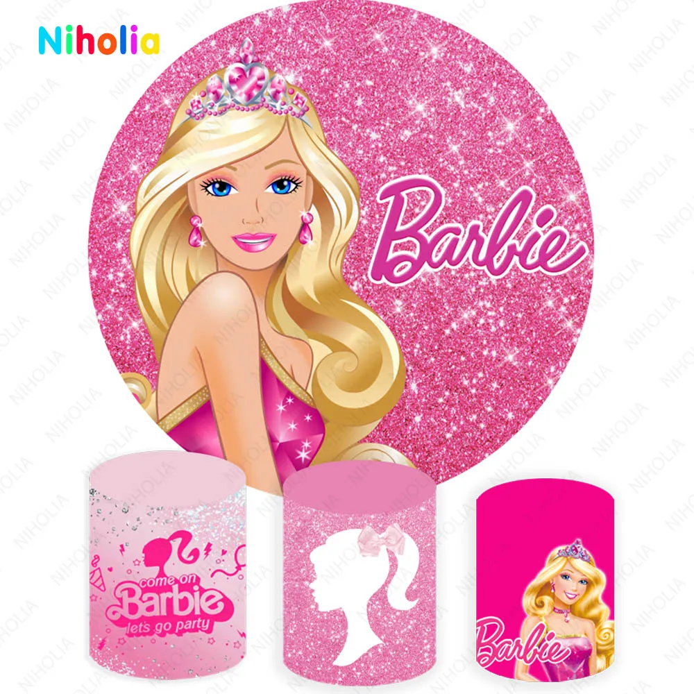 

Barbiee Backdrop Princess Girl The First Birthday Party Cylinder Cover Pink Decoration Photo Background Round Baby Shower Props