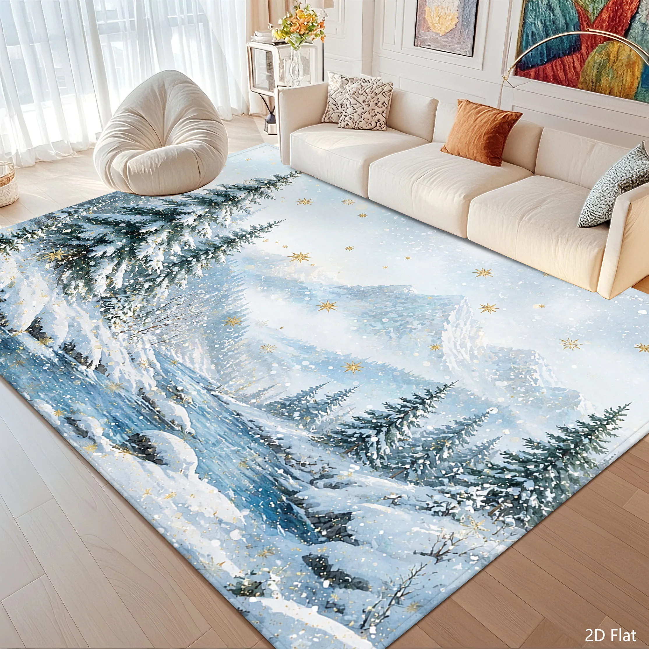 1pc 2D Flat Winter Snowy Forest Mountain Scenery Printed Floor Mat, Decorative Rug for Living Room, Bedroom, Home
