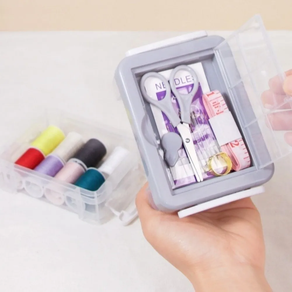 18pcs Space Saving DIY Sewing Tool Kit Portable Large Capacity Sewing Kit Box Three-Layer Needlework Box Home Sewing