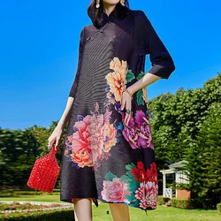 2023 Pleated Chinese Style Printing New High Vintage Style Large Qipao Dress  women clothing  LOOSE