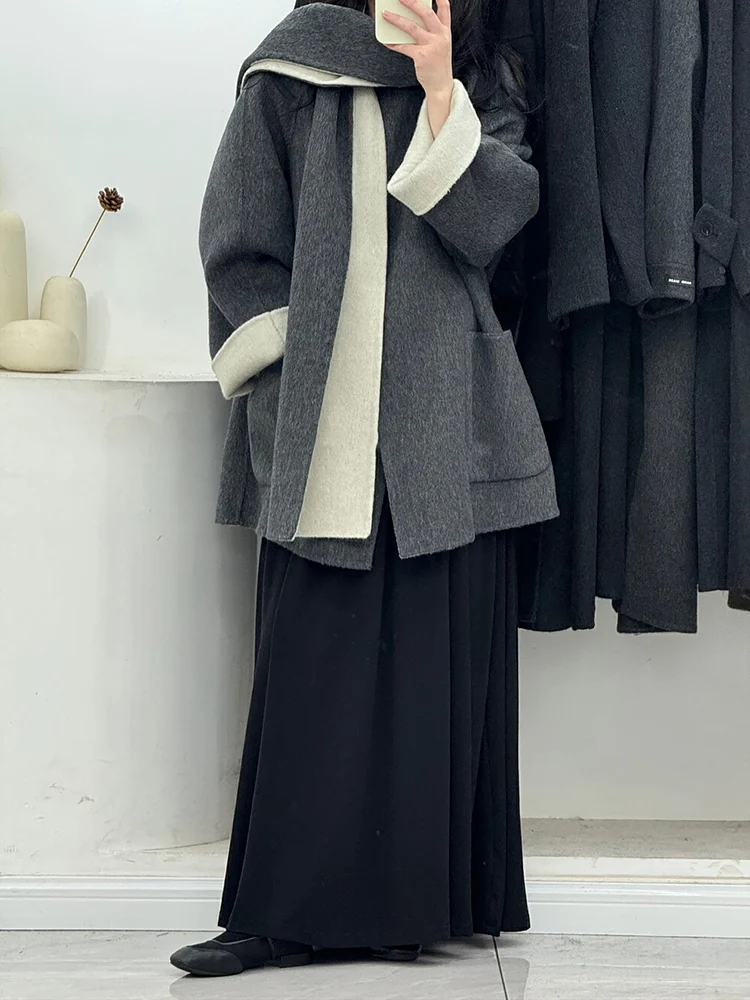 

ey Woolen Coat Women's Mid-Length Design Sensation Small ape Coat Vintage Sle Commute Casual Long Sve round Ne