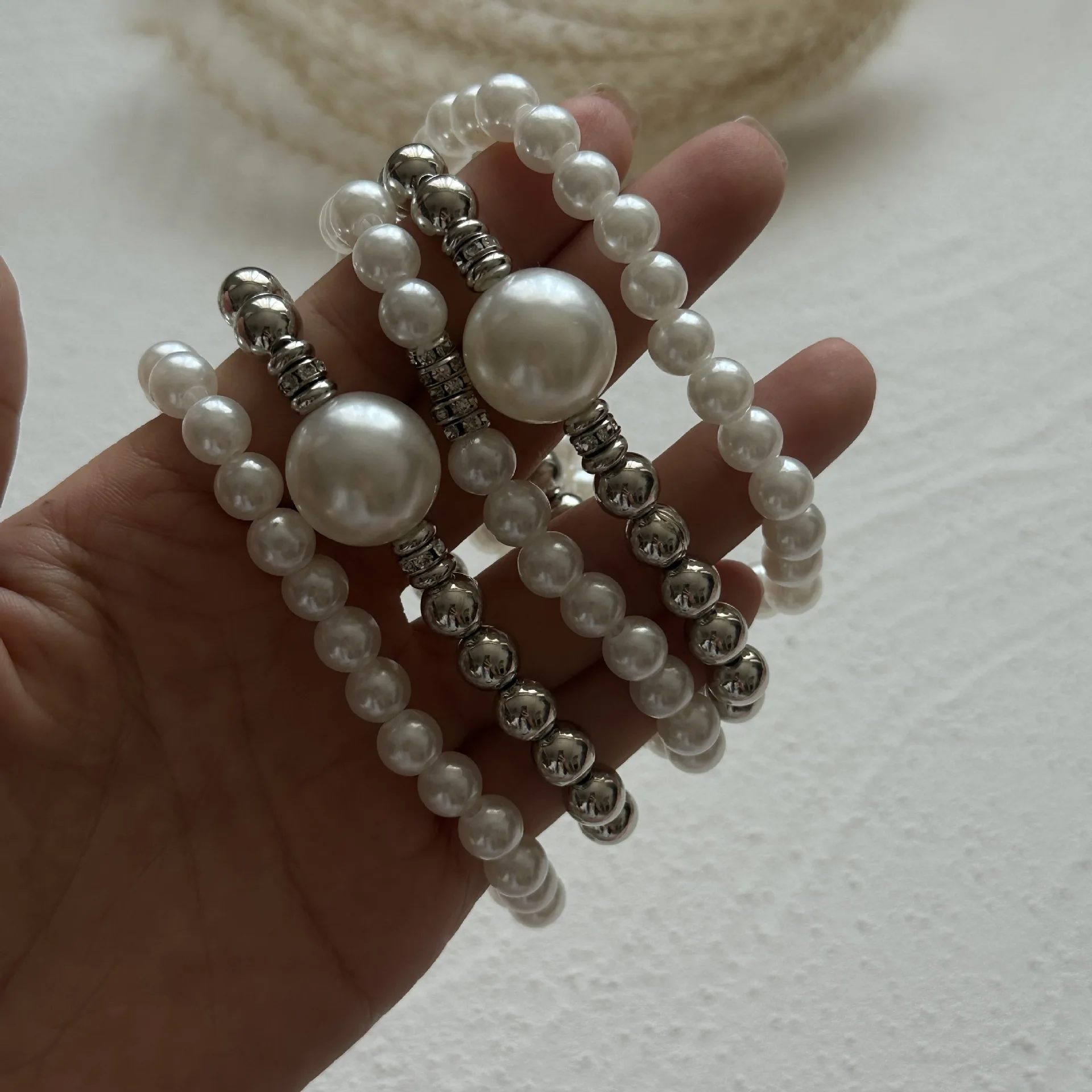 DIEZI Punk Hip Hop Multilayer Pearl Beads Strand Bracelet Fashion Silver Color Geometric Spring Bangles For Women Men Jewelry